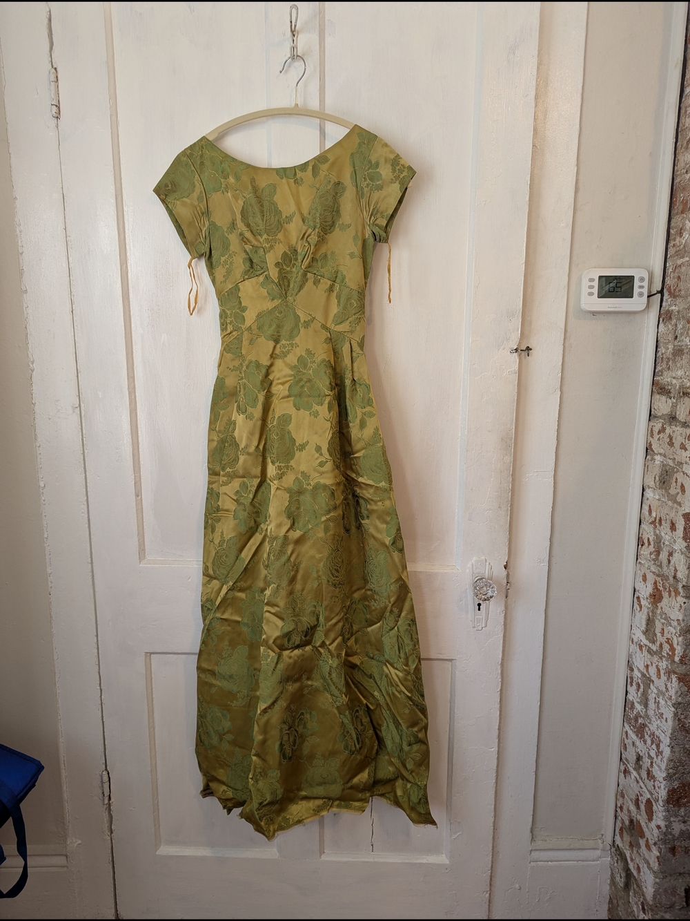 Vintage 1959 Prom Chartreuse Olive Green Floral Maxi Dress